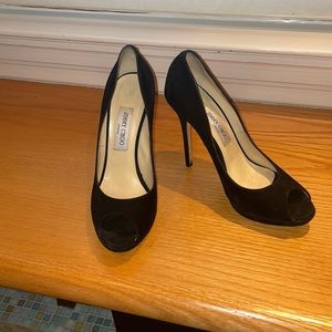 JIMMY CHOO Black Suede  Leather Open Toe Platform Pumps/Heels